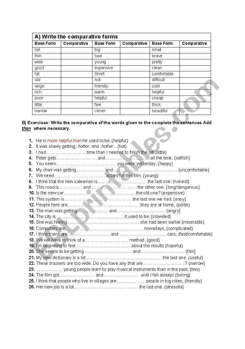 Comparative and Superlatives worksheet