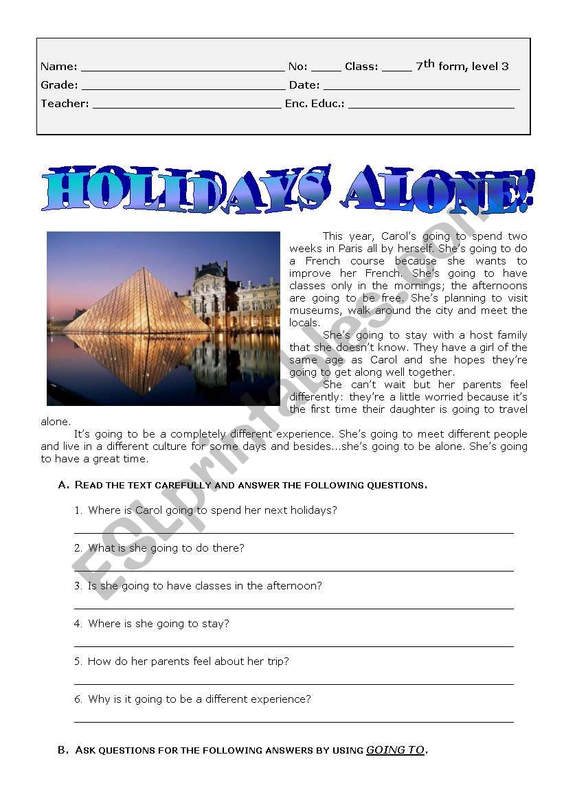 Holidays alone in Paris worksheet