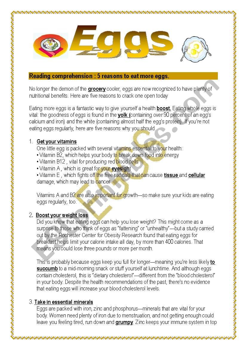 5 reasons to eat eggs(4 pages) - reading -  vocabulary + answers