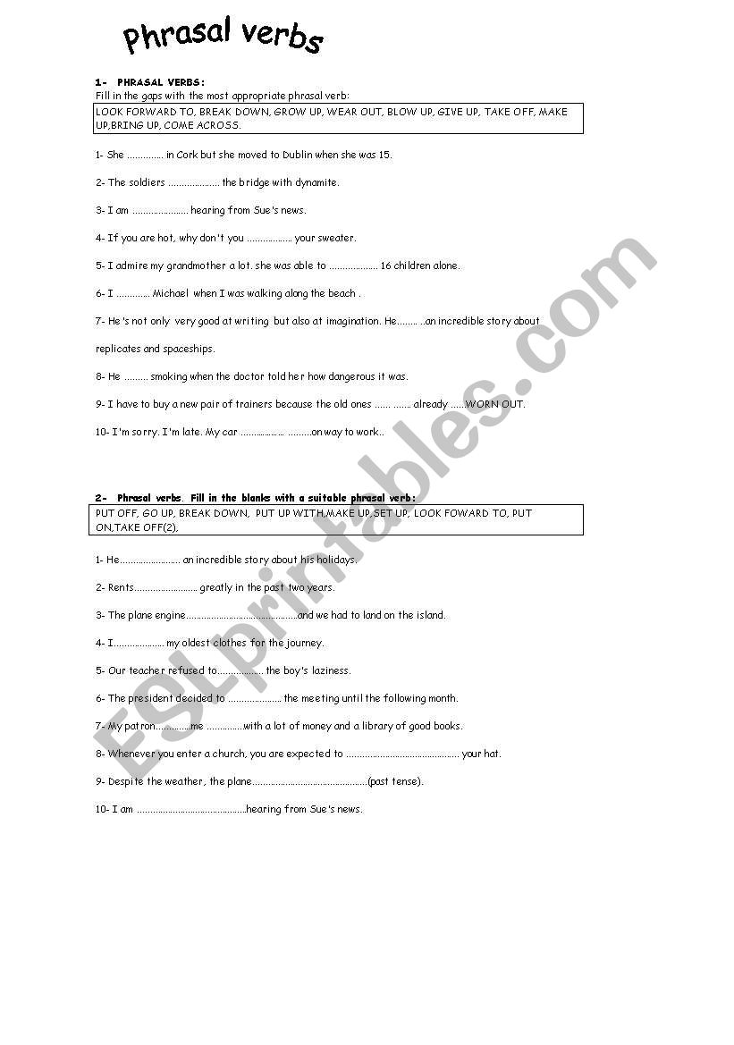 Phrasal verbs : 20 fill in the gaps sentences (+key)