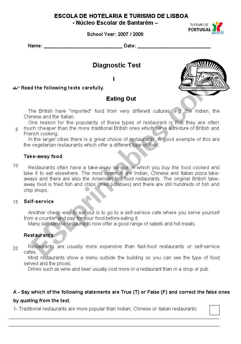 Diagnostic Test-11 ano-curso profissional cozinha/Pastelaria