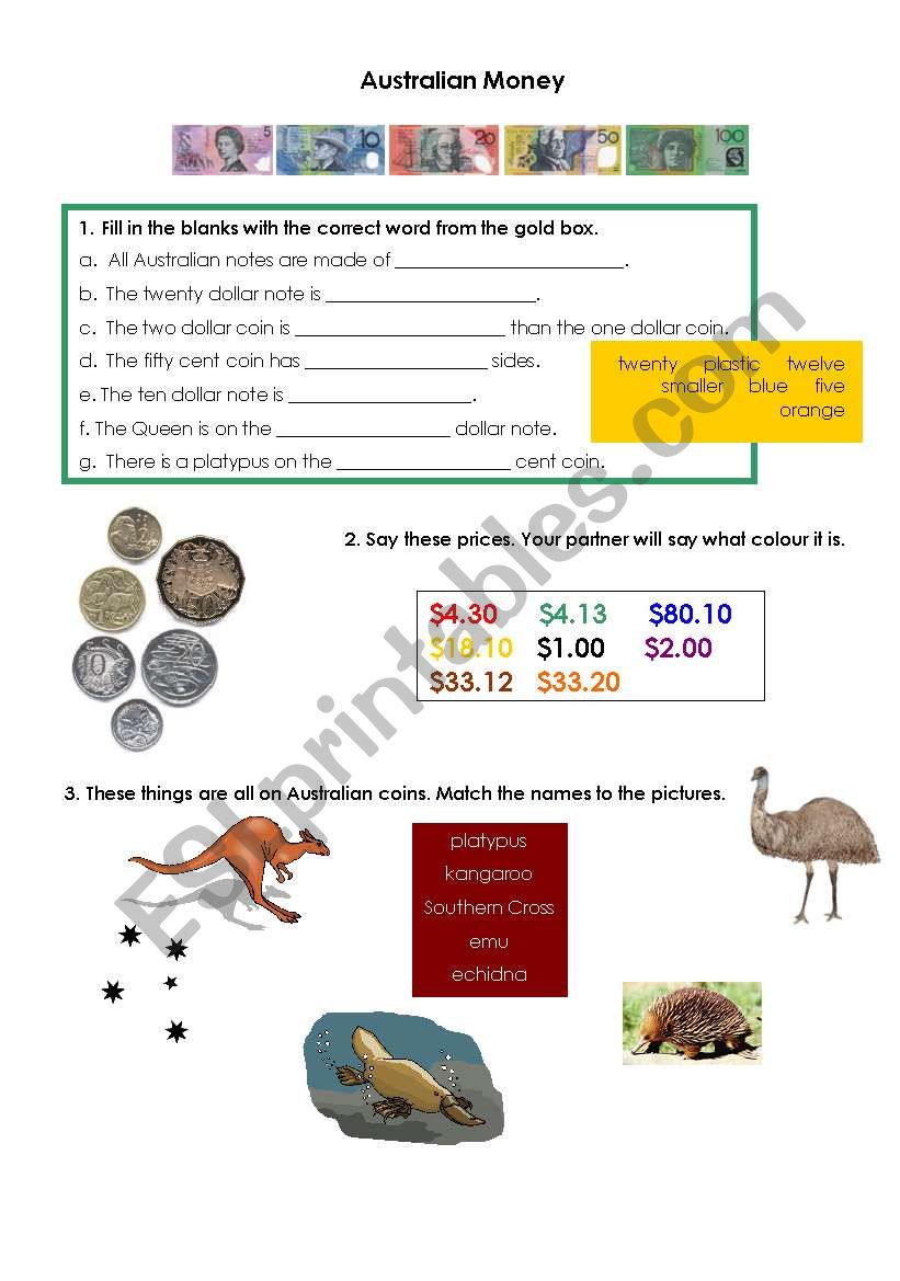 Australian Money worksheet