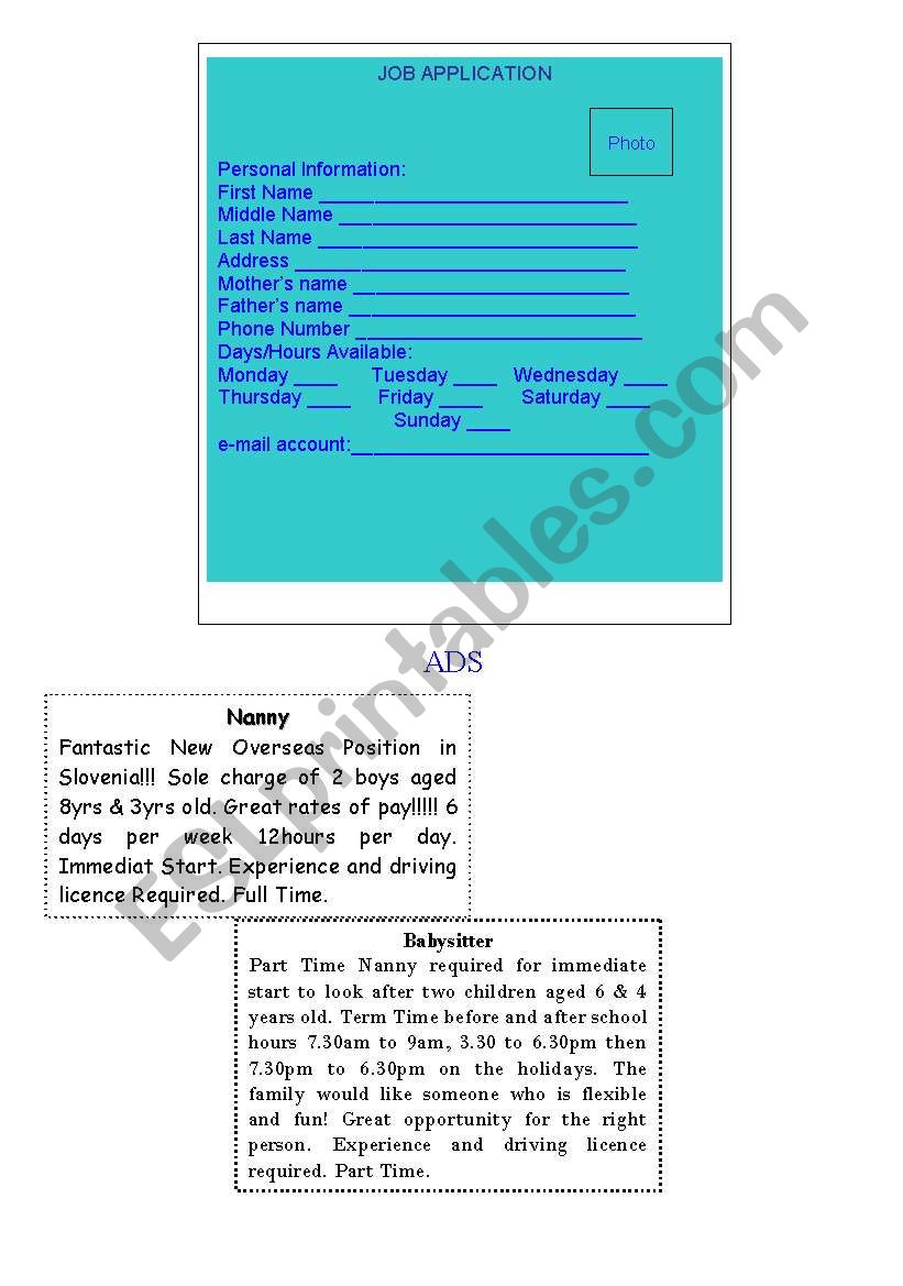 Job application  worksheet