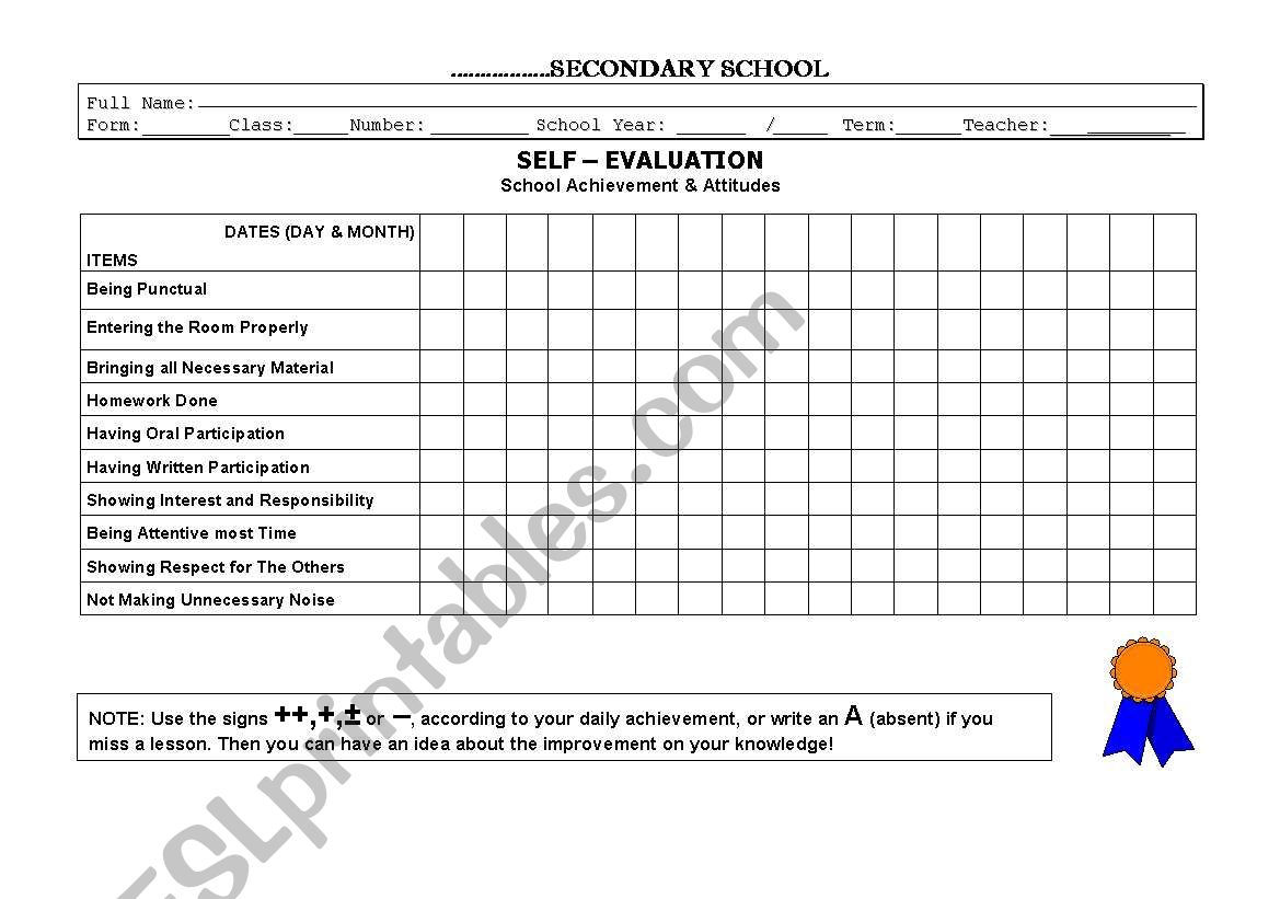Daily Self-evaluation worksheet