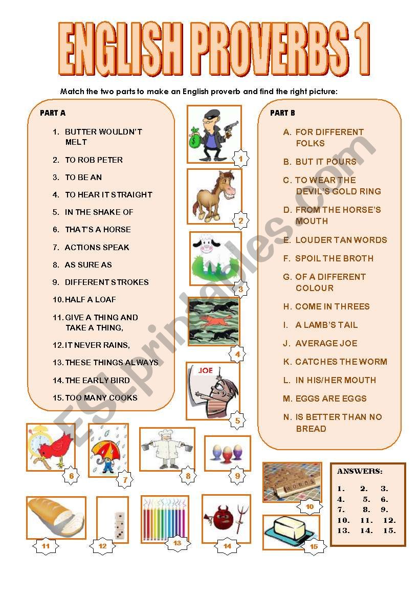 ENGLISH PROVERBS 1 : MATCHING/TRANSLATION(2 PAGES+ANSWERS)