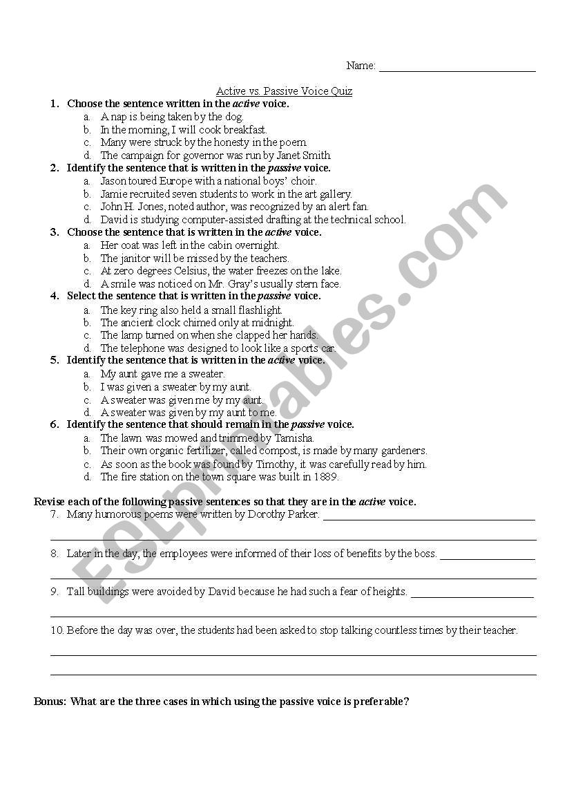 Active vs. Passive Voice Quiz worksheet