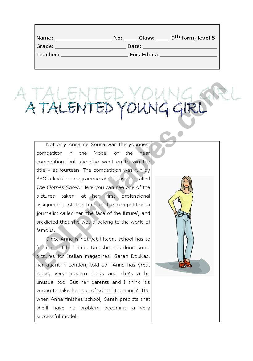 A talented young girl worksheet
