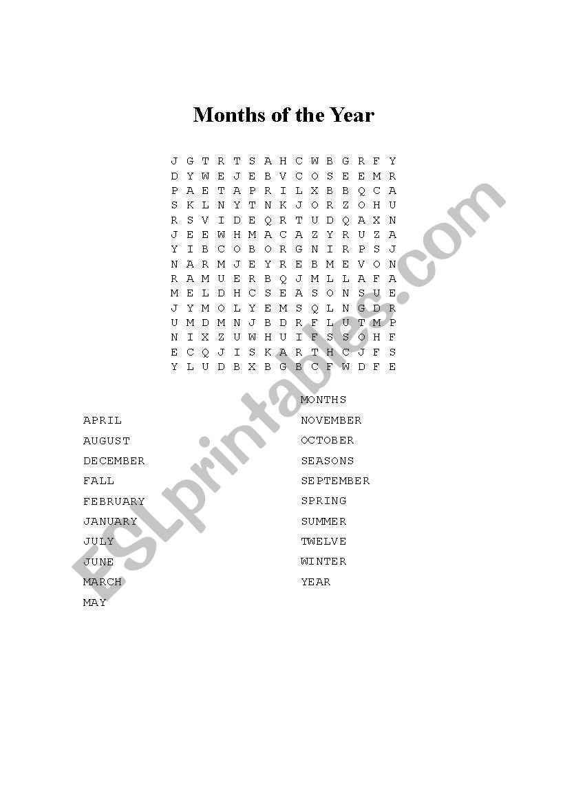 Months of the Year Word Search