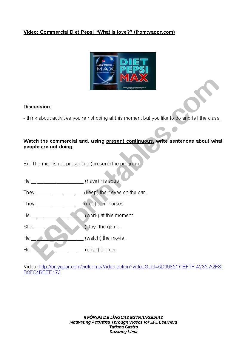 Pepsi diet max commercial worksheet