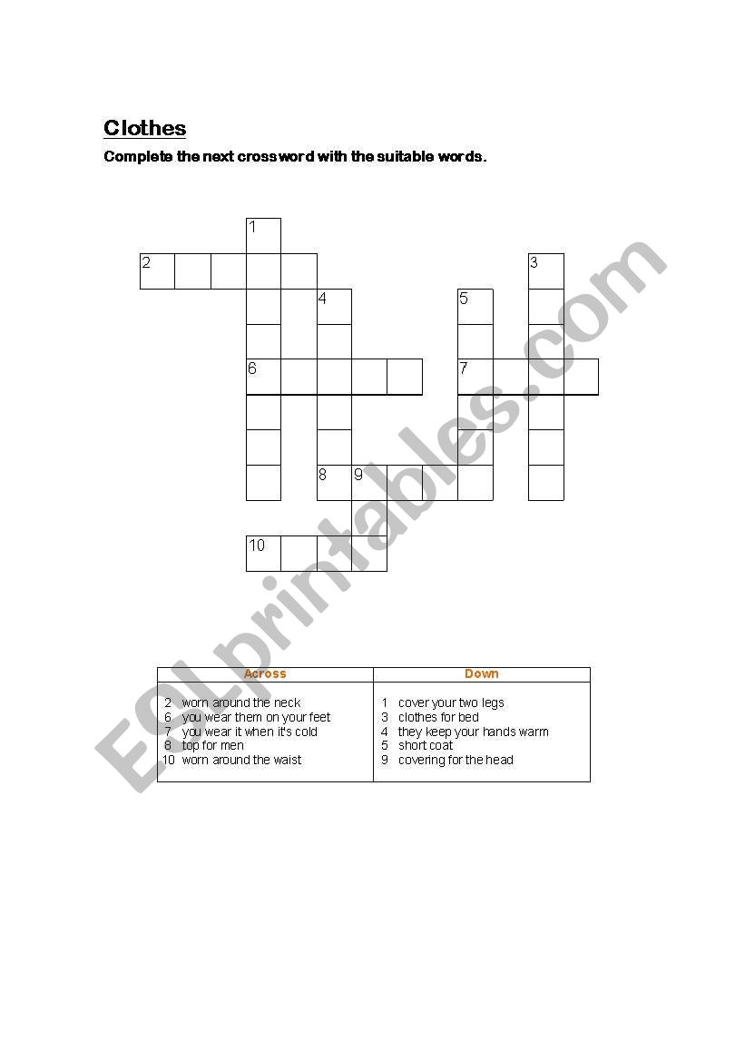 Clothes crossword worksheet