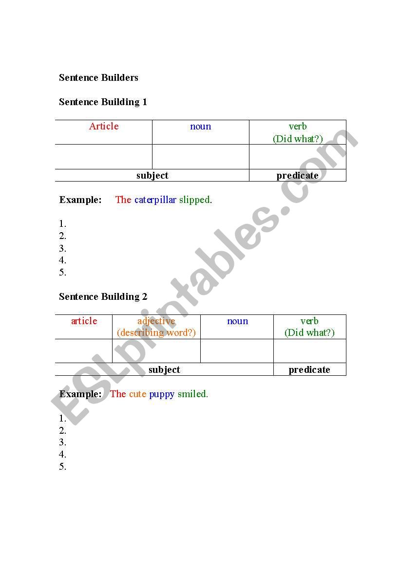 Sentence Builders worksheet