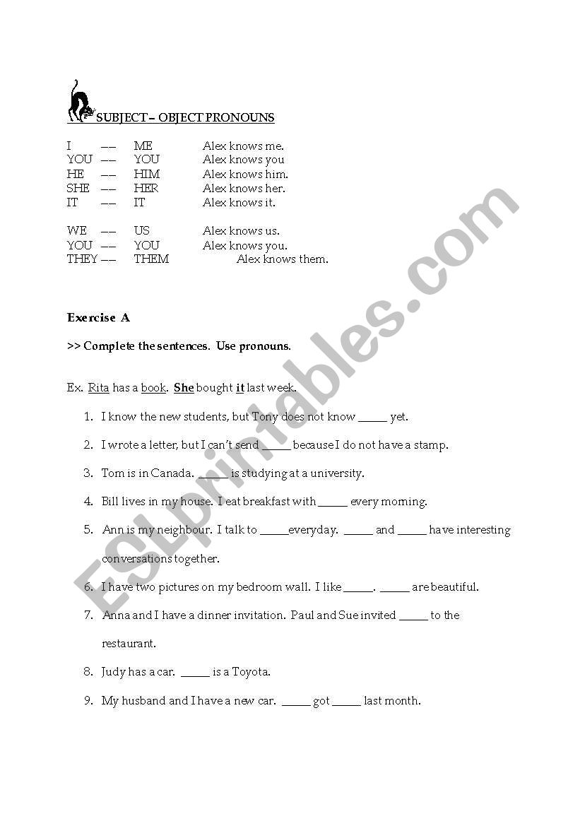 subject-object pronouns worksheet