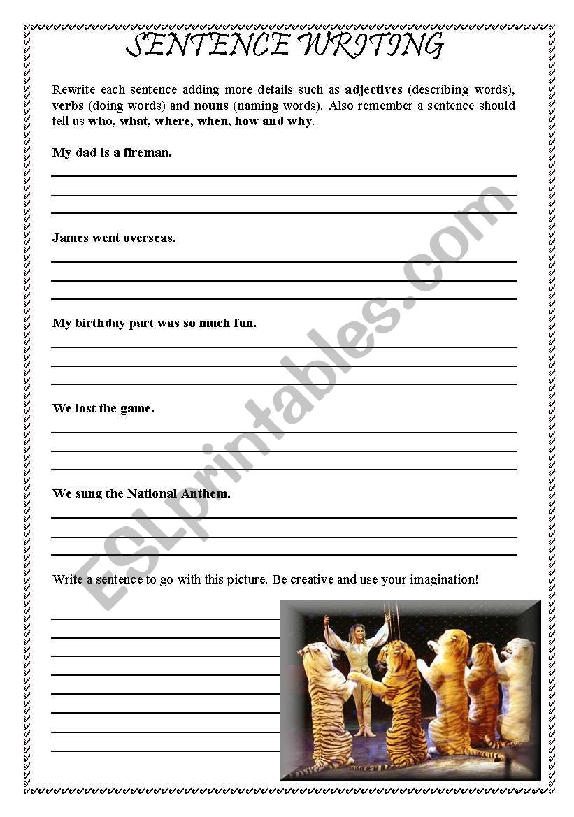 Sentence writing worksheet