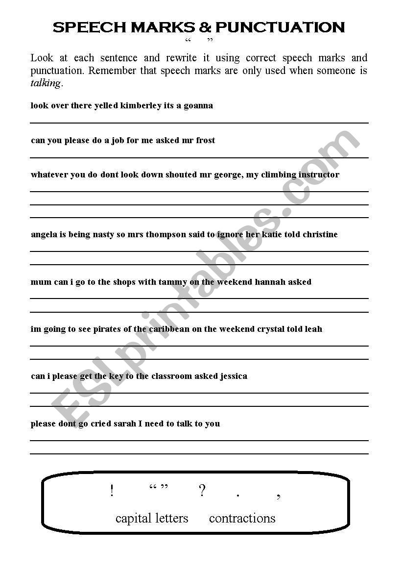 English Worksheets Speech Marks