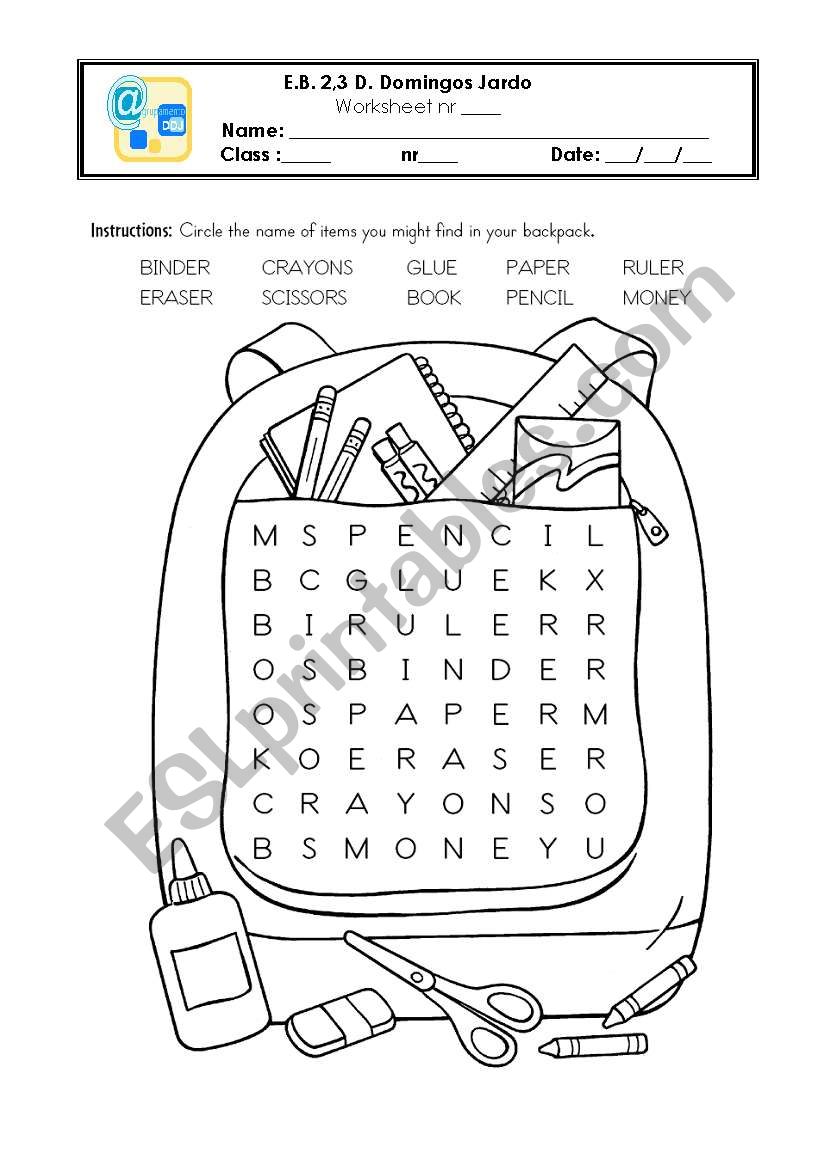 School things - wordsearch worksheet