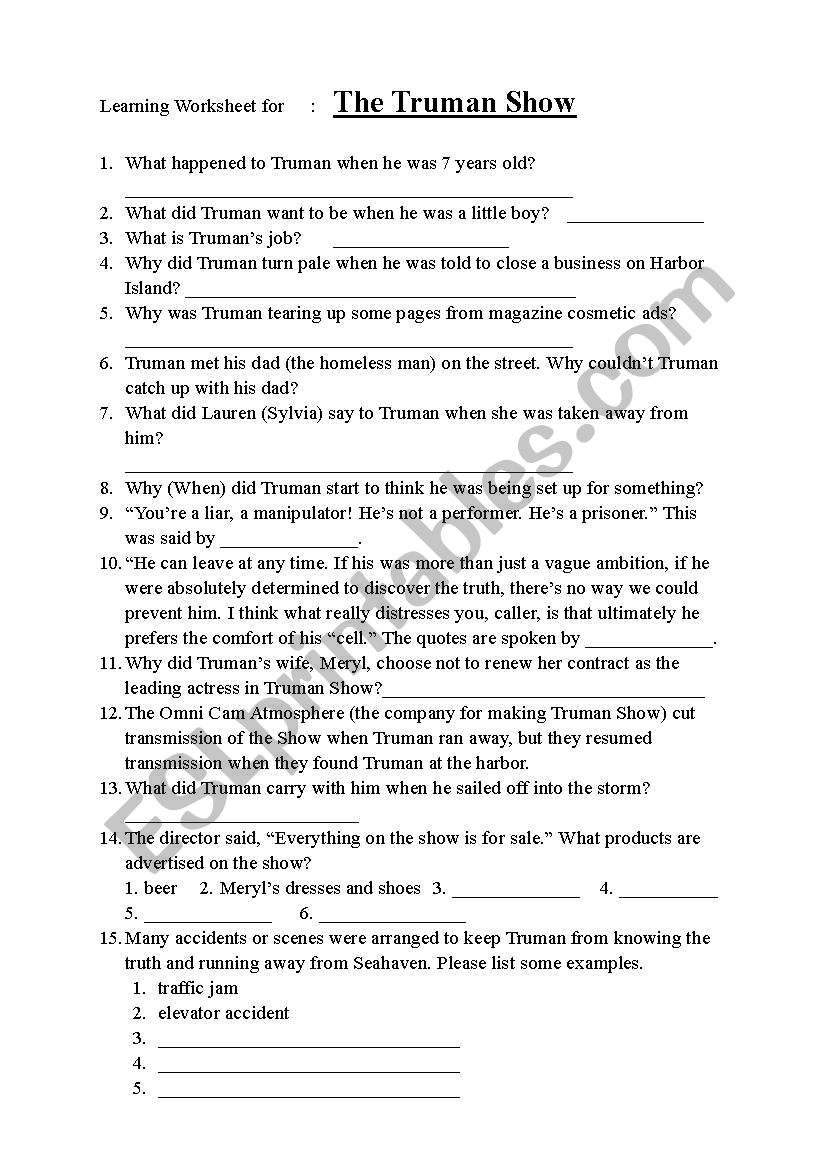 The Truman Show - Listening Worksheet