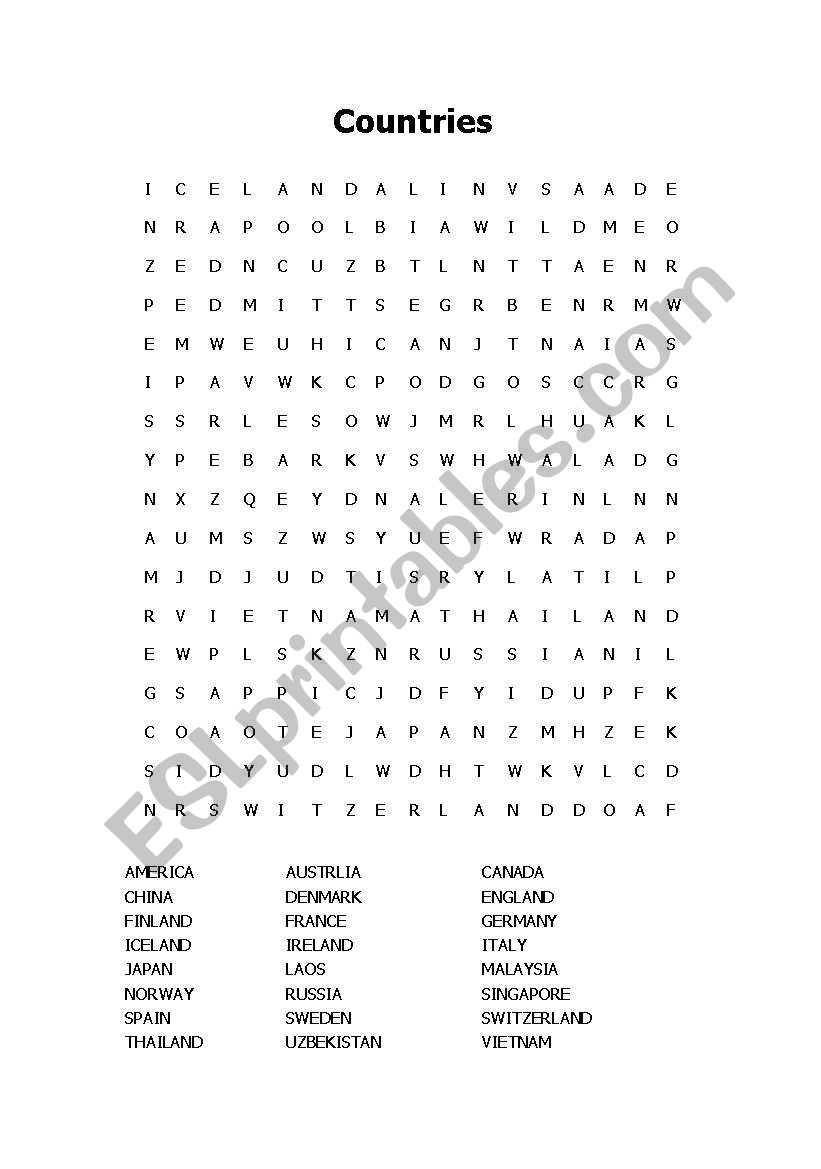 Countries wordsearch worksheet