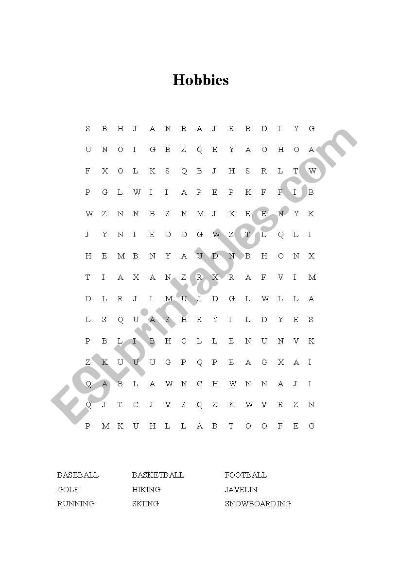 Hobbies wordsearch worksheet