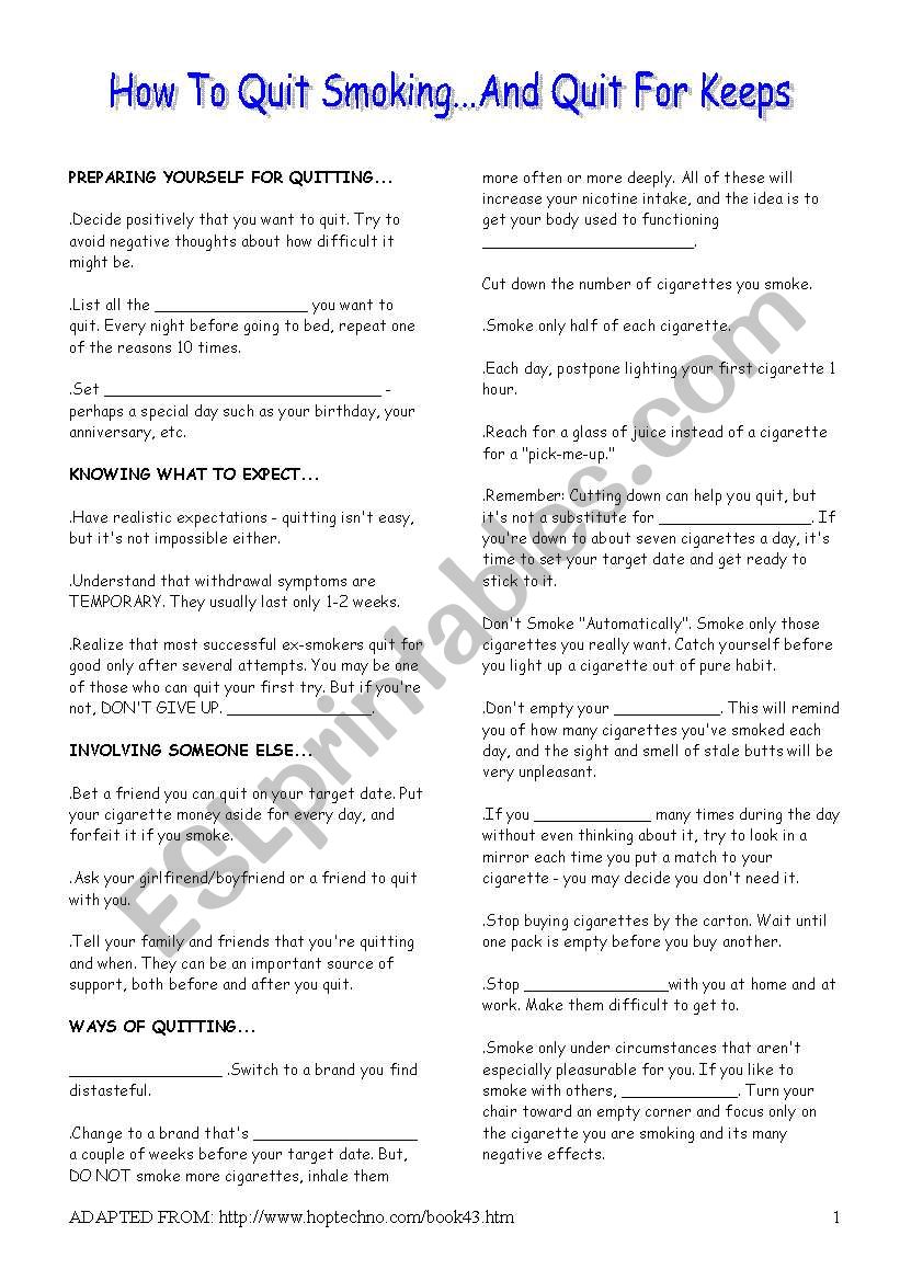 How to quit smoking? worksheet