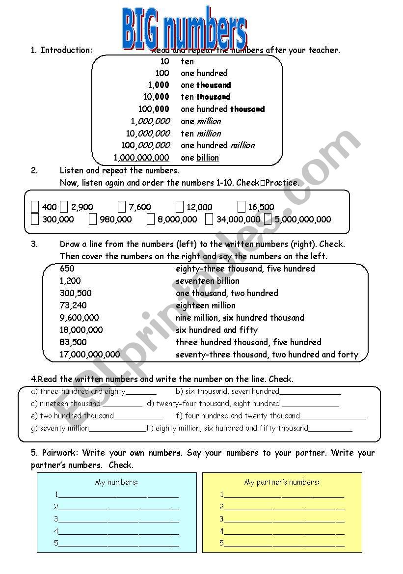 Big Numbers Lesson Plan w/Fun Quiz - ESL worksheet by PennyBarker