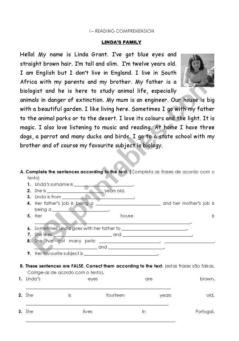 Lindas family worksheet