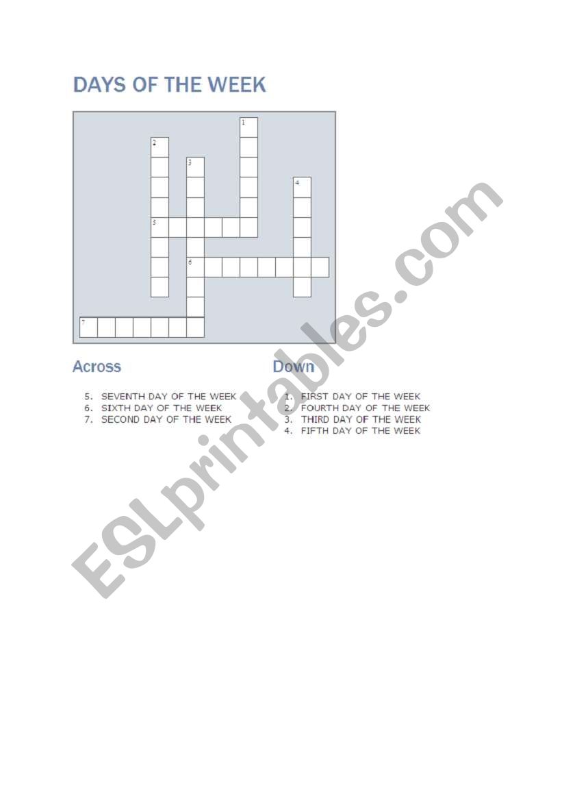 English worksheets Days of the Week crossword