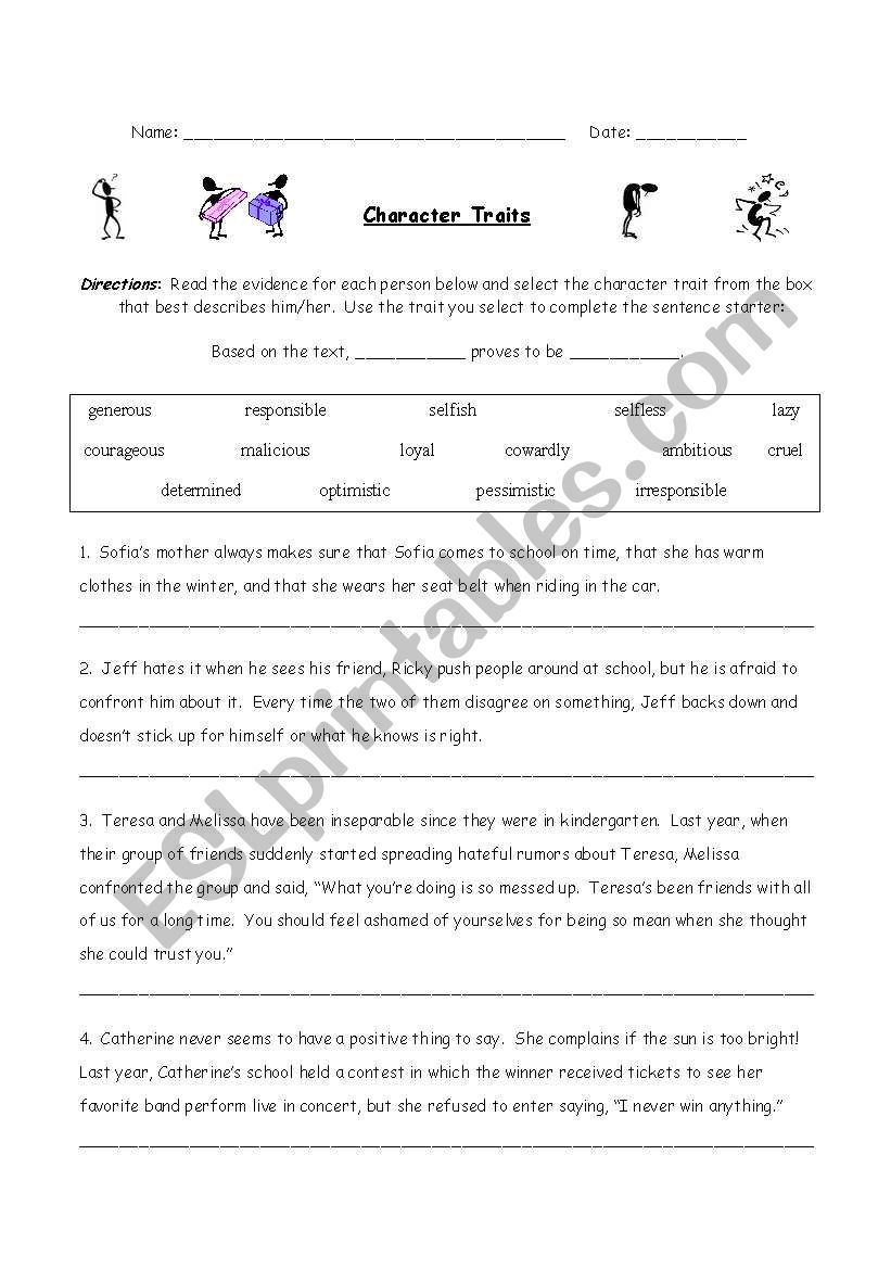 Character Traits Practice - ESL worksheet by srodrigues Intended For Identifying Character Traits Worksheet