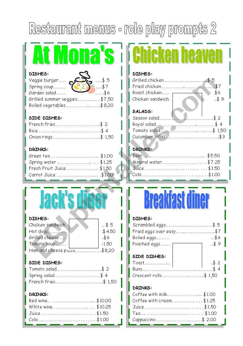 restaurant menus 2 worksheet