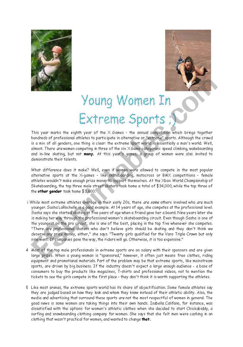 YOUNG WOMEN IN EXTREME SPORTS READING/ LISTENING ACTIVITY FOR ADVANCE STUDENTS