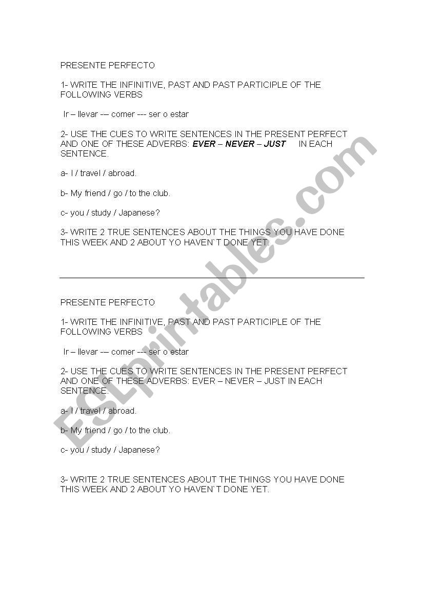 PRESENT PERFECT TENSE worksheet