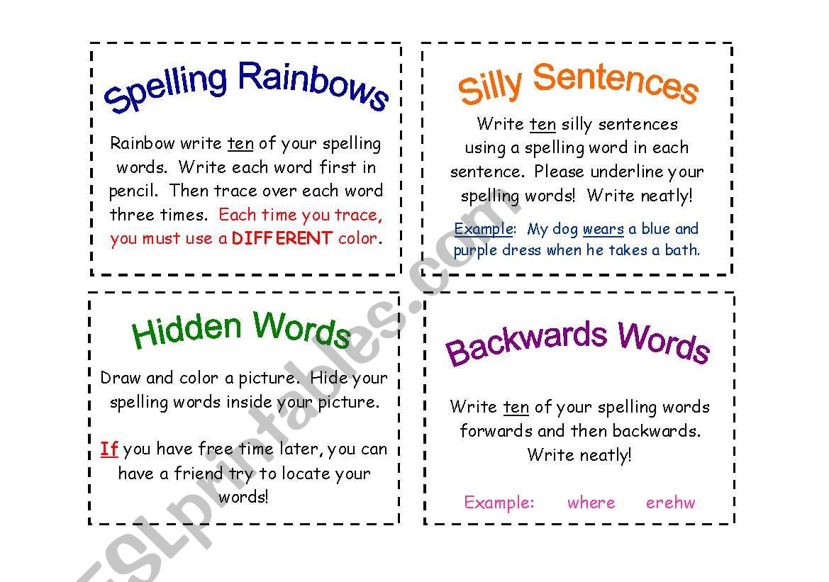 Spelling task cards worksheet