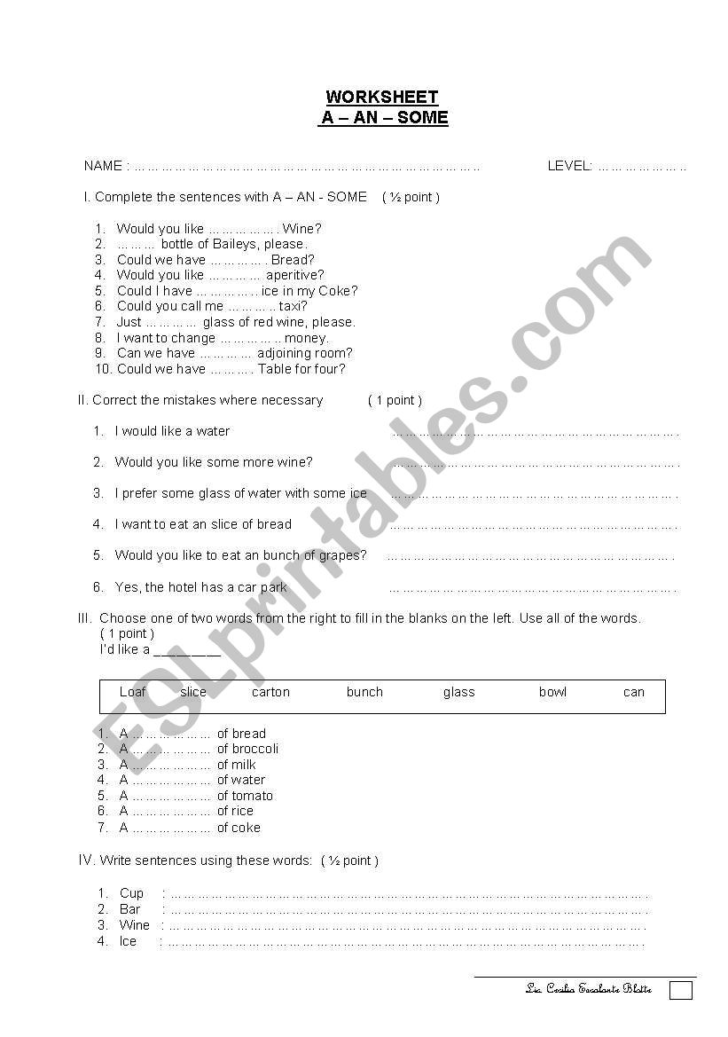 A, AN and SOME worksheet