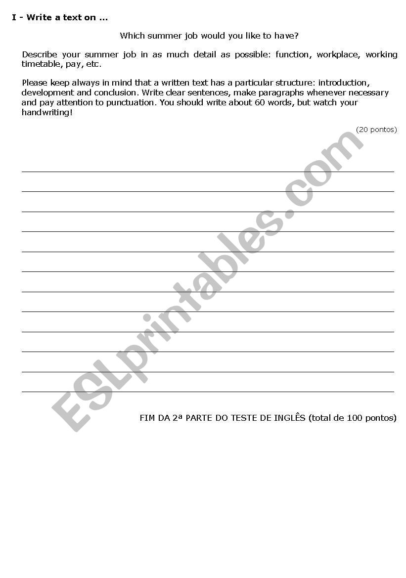 Writing test worksheet