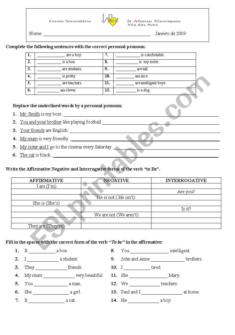 Personal pronouns and verb to be