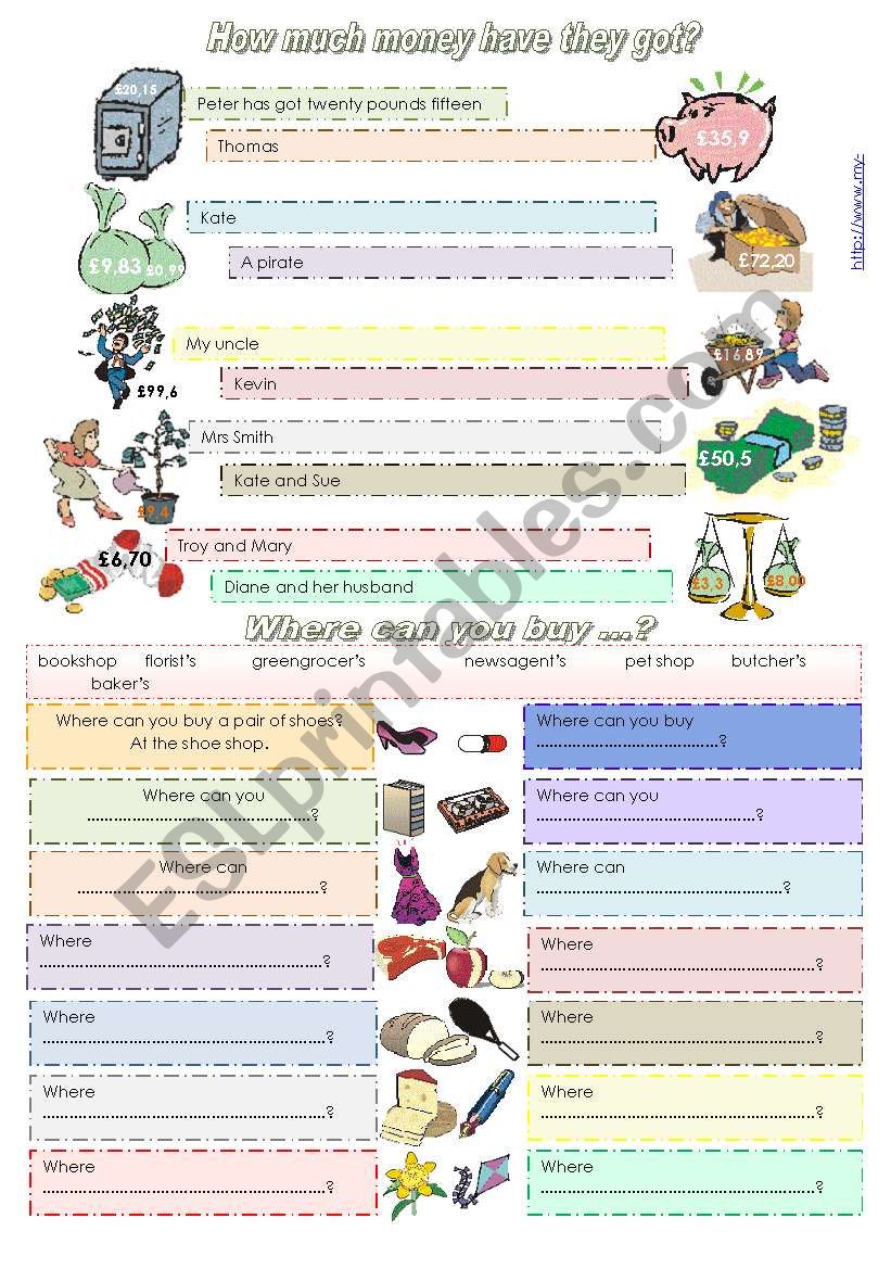 MONEY and SHOPS worksheet