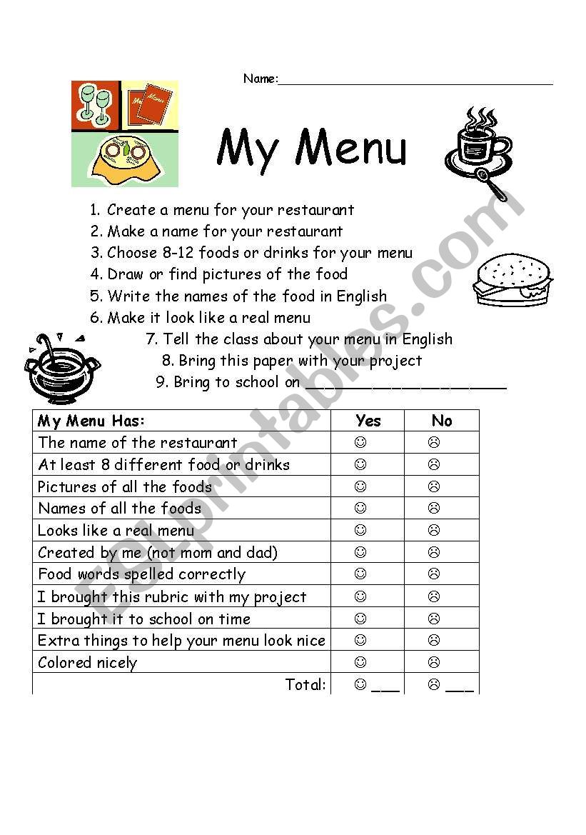 Rubric for making a menu worksheet