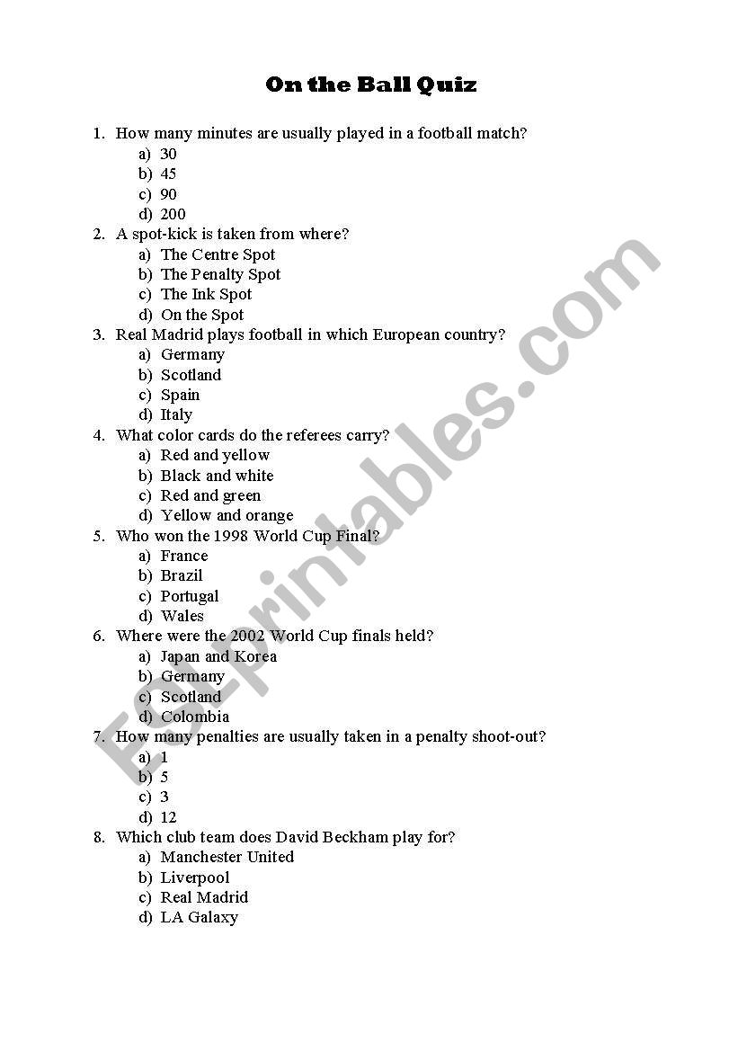 football quiz worksheet