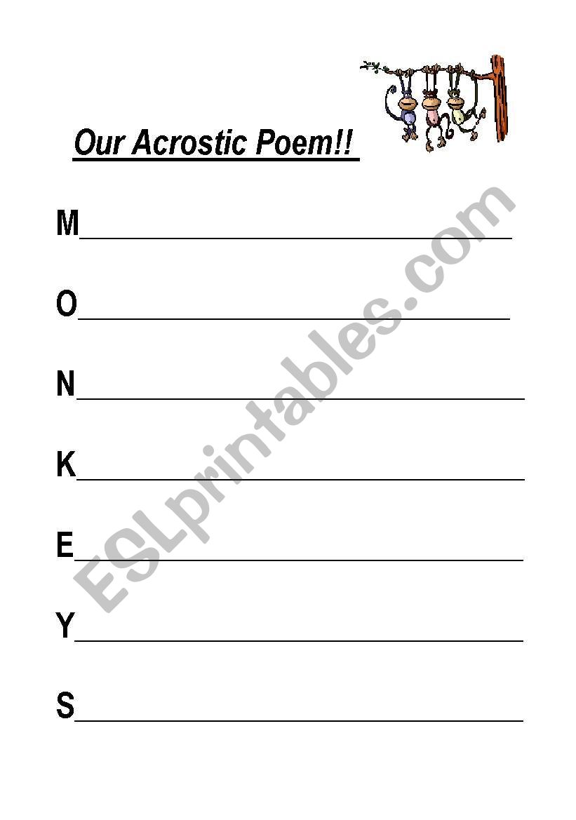 Acrostic Poem Template on Monkeys