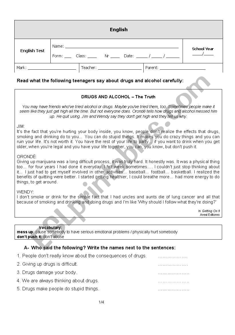 Drugs and alcohol worksheet