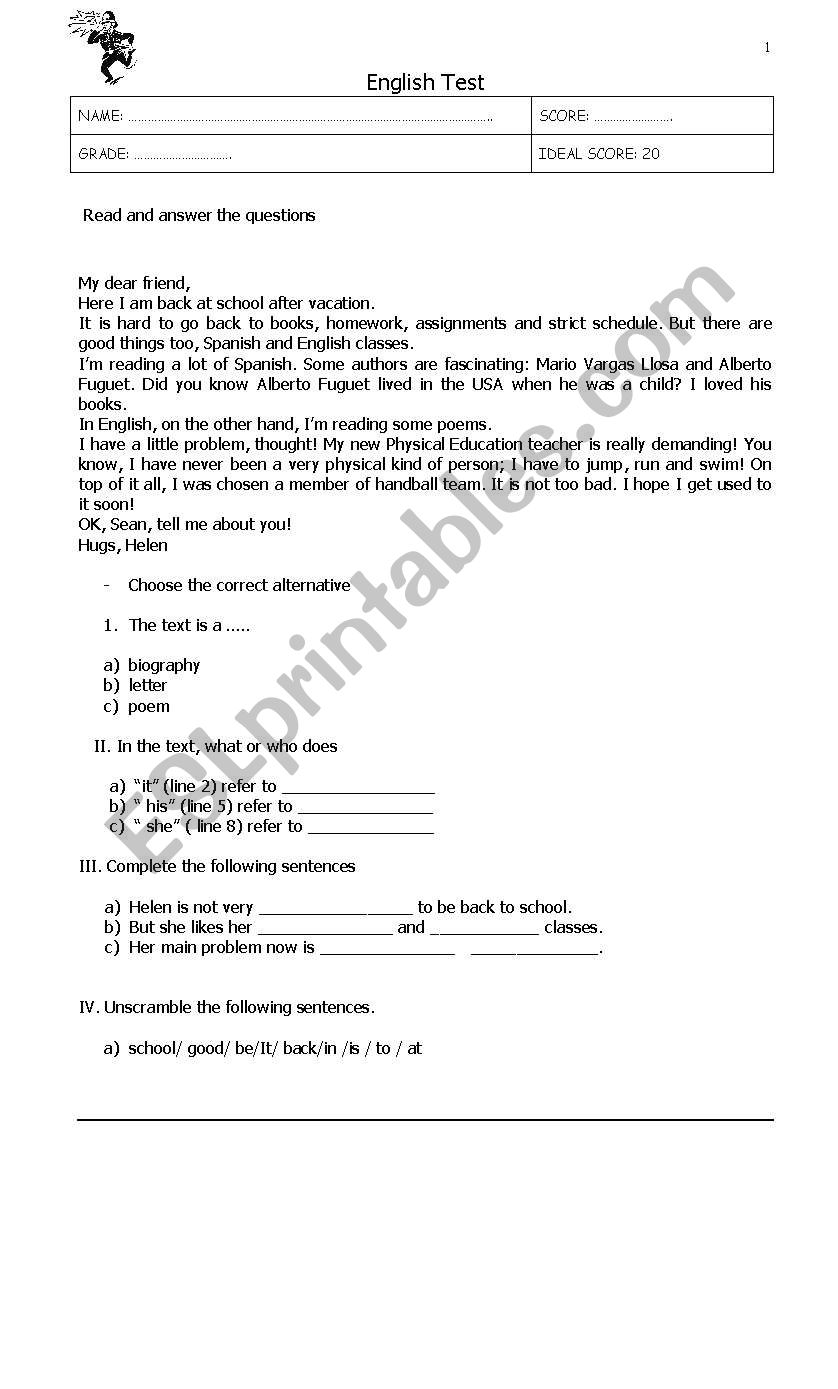 Reading comprehension worksheet