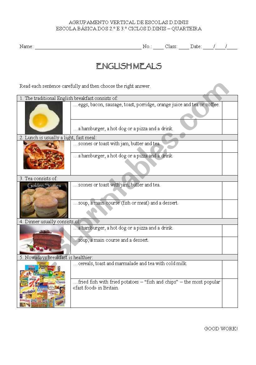 English Meals Quiz worksheet