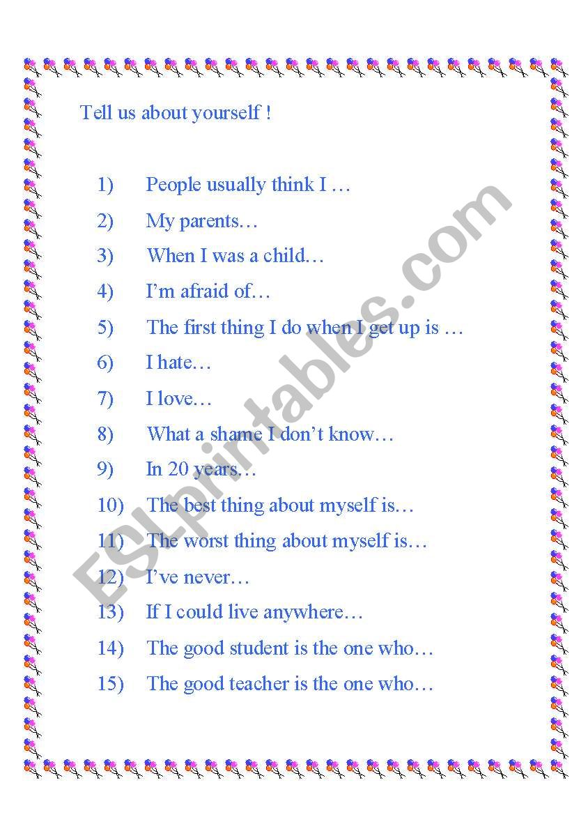 Tell us about yourself ! worksheet
