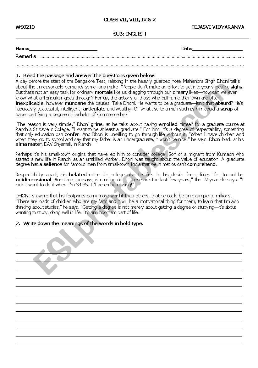 Reading comprehension worksheet