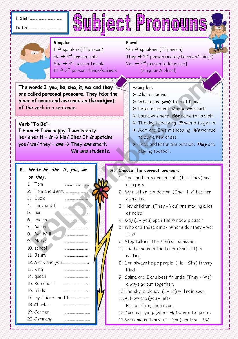 Subject Pronouns ESL Worksheet By Missola