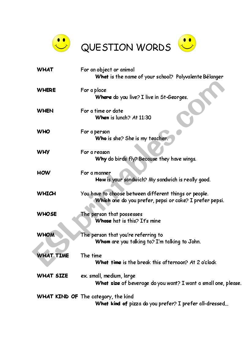 Question words worksheet