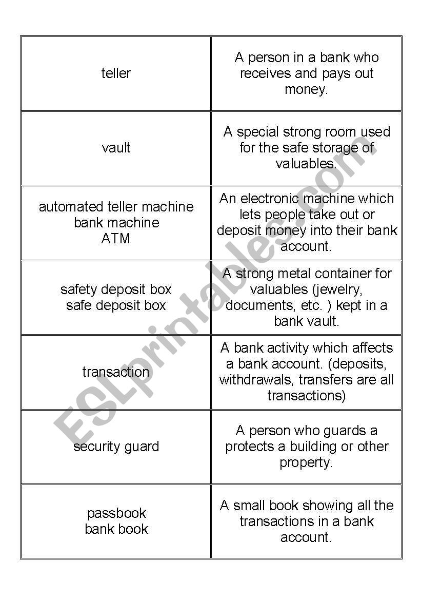 Banking terms NOUNS Matching definitions/conentration games