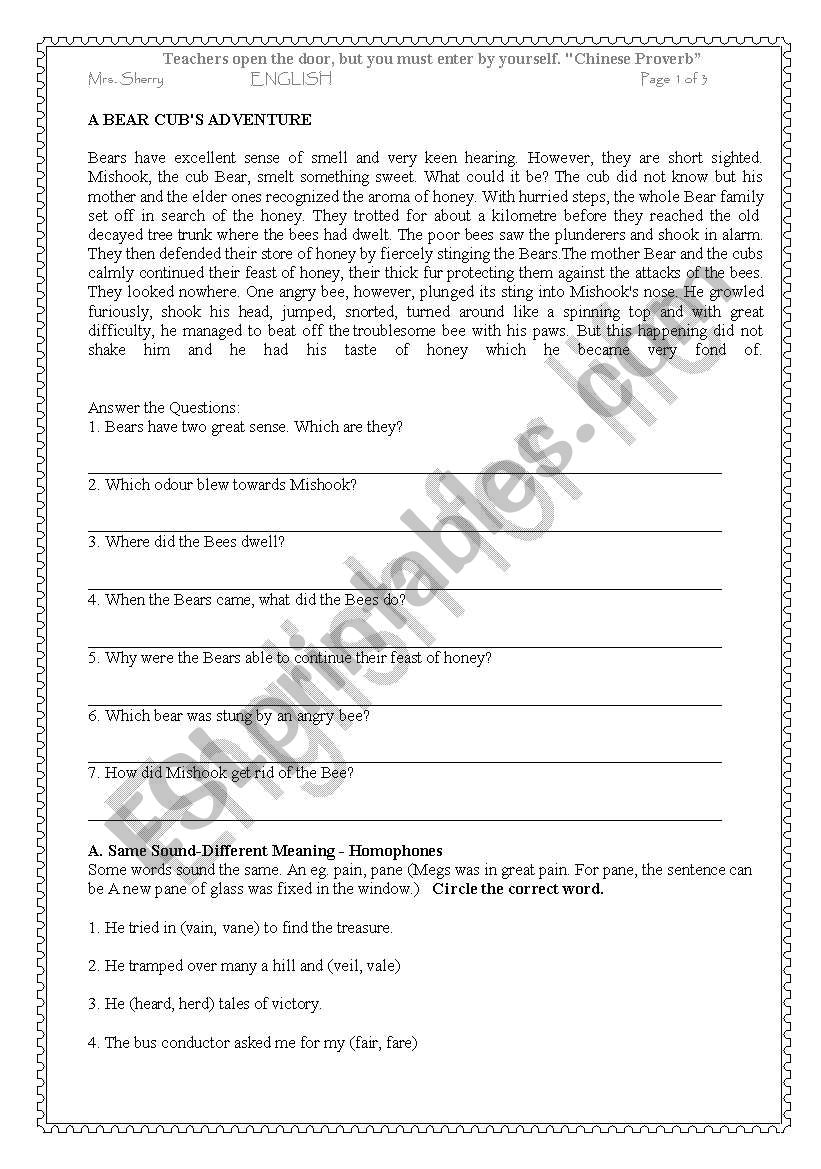 Comprehension worksheet