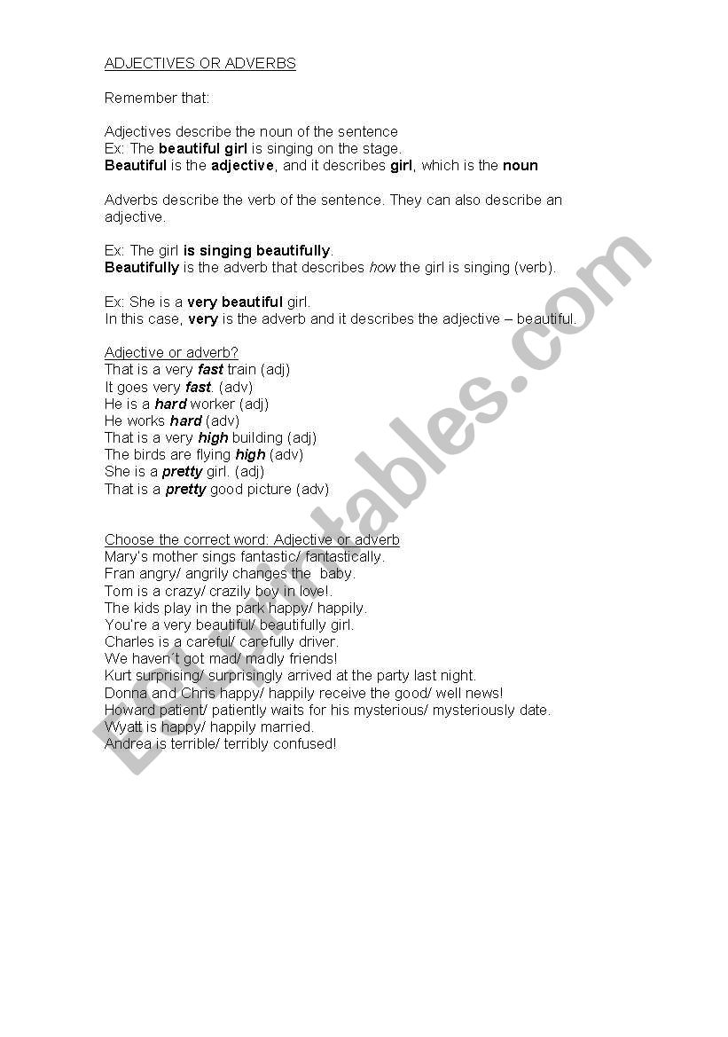 Adjectives vs. Adverbs worksheet