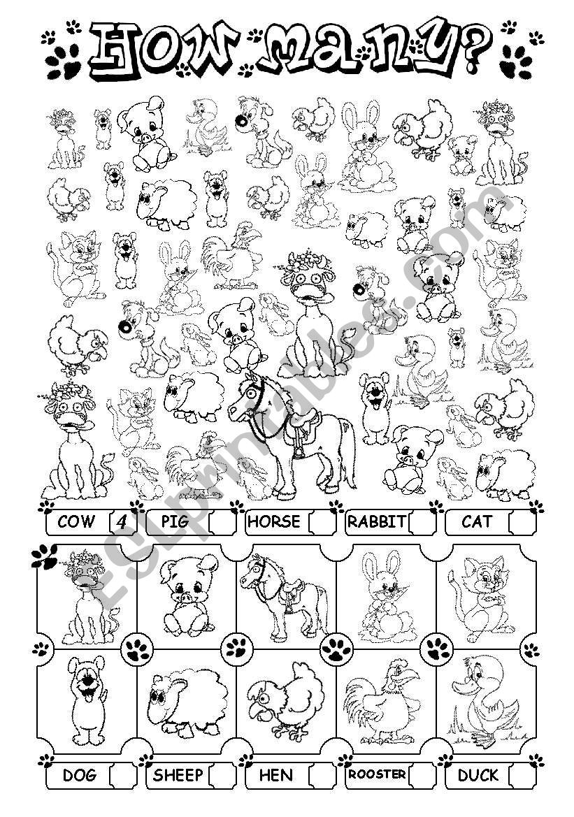 How many? (+ farm animals) worksheet