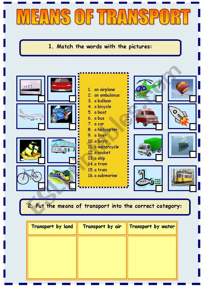 Means of transport (2 sheets) - Matching and Speaking